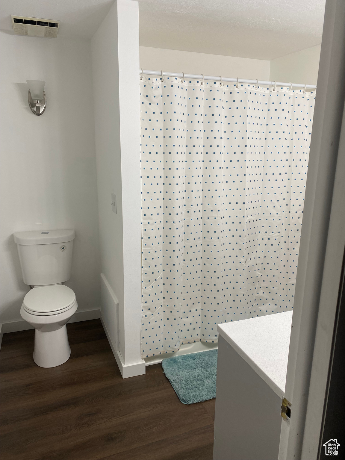 Bathroom featuring vanity, hardwood / wood-style flooring, and toilet