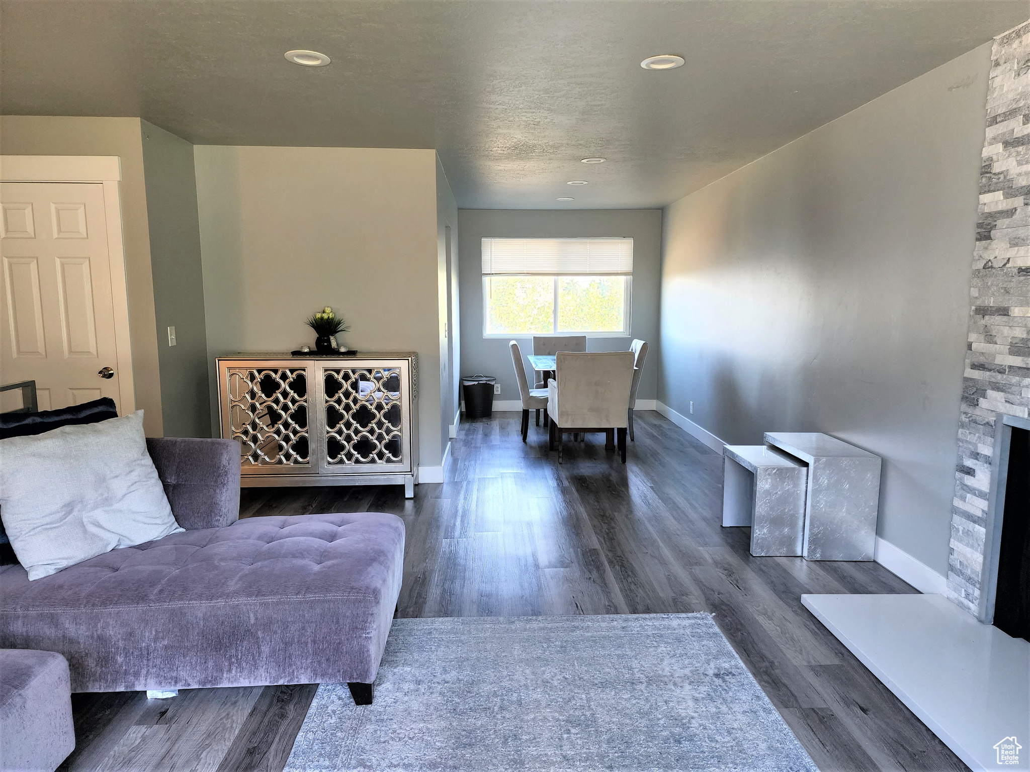 Living room featuring a fireplace and wood-type flooring