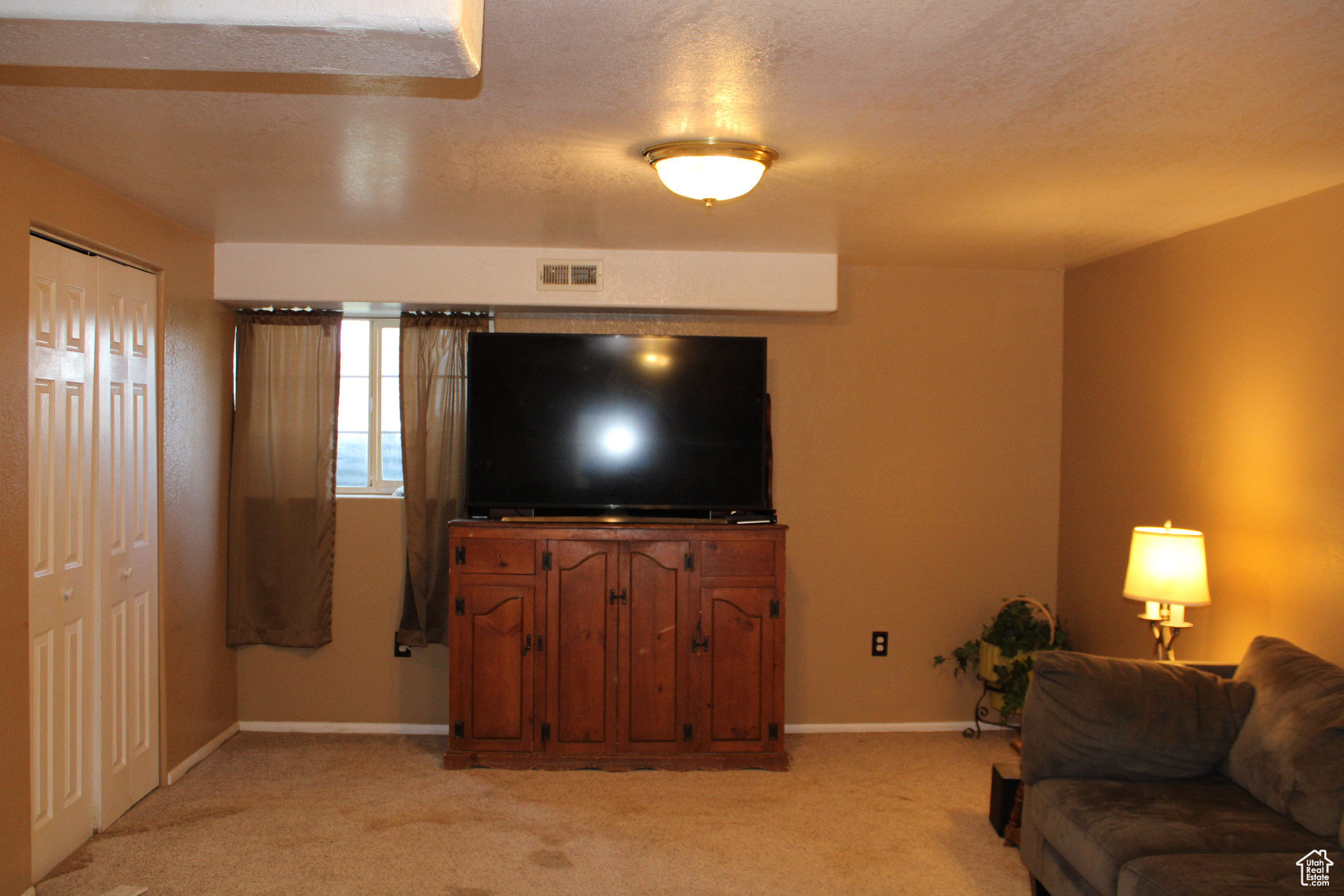 Carpeted living room with a textured ceiling.