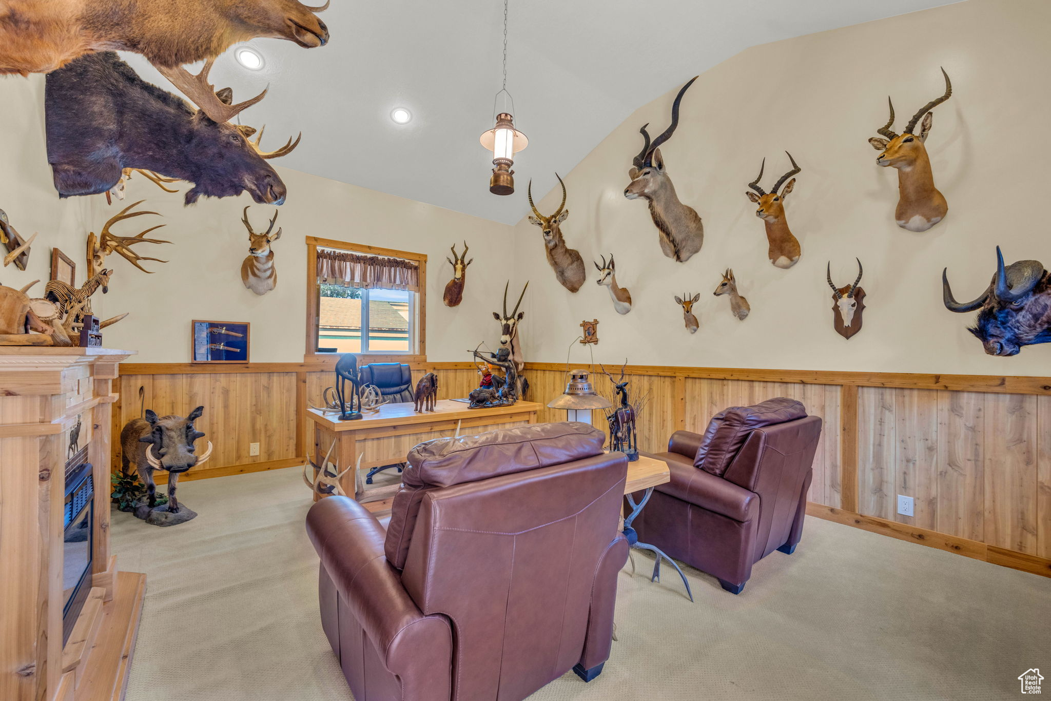 Trophy room built next to garage. Multi purpose bonus room. Carpeted space featuring wood walls and vaulted ceiling