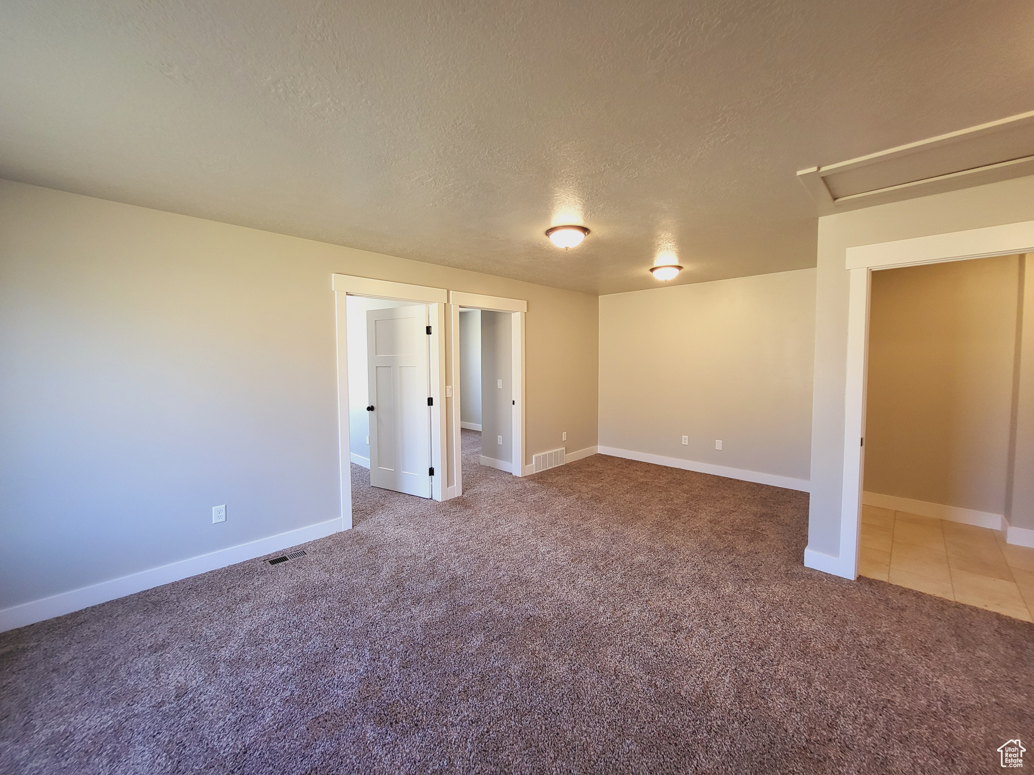 Unfurnished room featuring light carpet and a textured ceiling