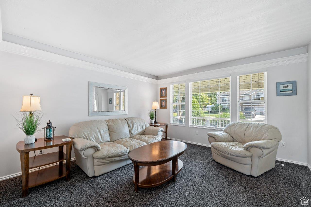 Carpeted living room featuring ornamental molding