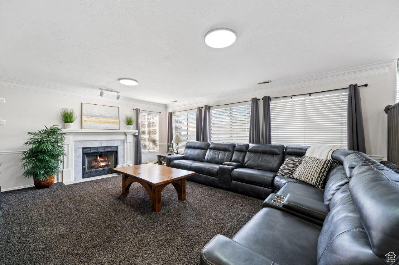 Living room featuring a tile fireplace, carpet floors, and ornamental molding