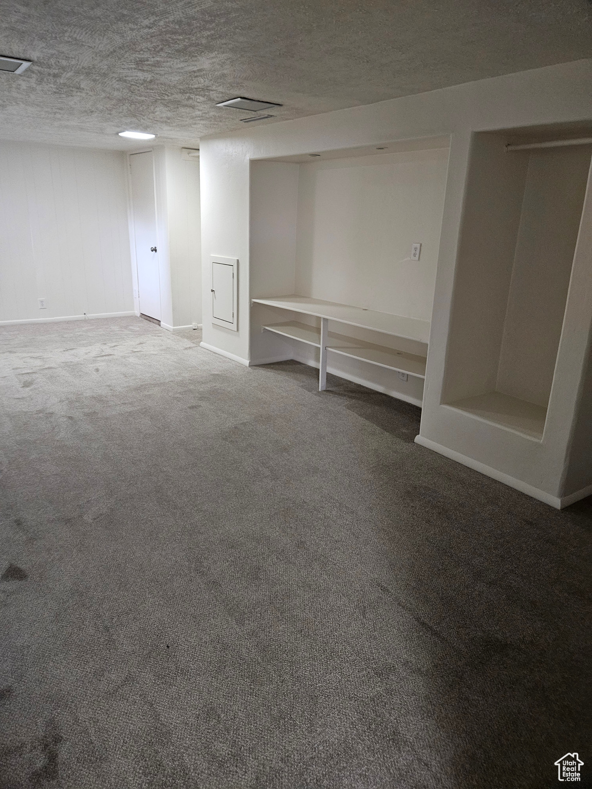 Basement featuring carpet floors and a textured ceiling