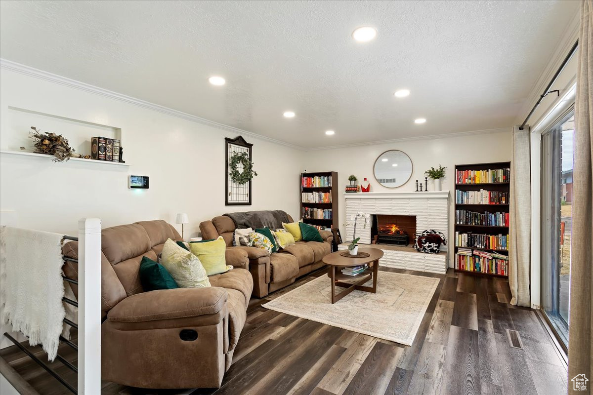 Living room with dark wood-type flooring, a textured ceiling, a fireplace, and ornamental molding