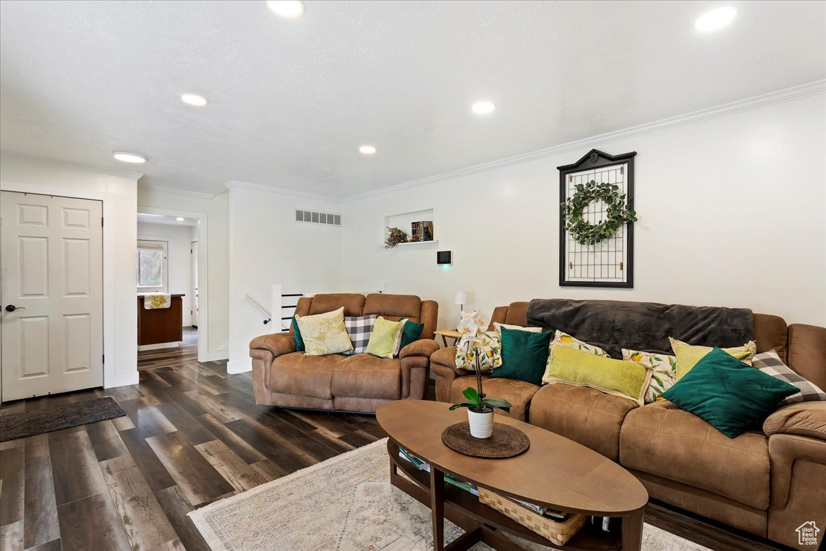 Living room with ornamental molding and dark hardwood / wood-style floors