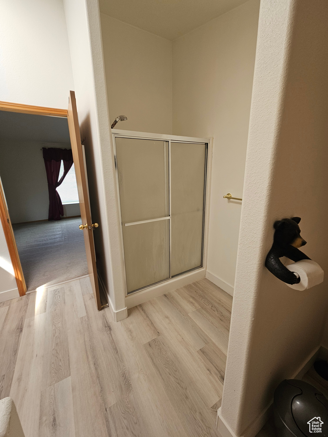 Bathroom with a shower with door and hardwood / wood-style floors