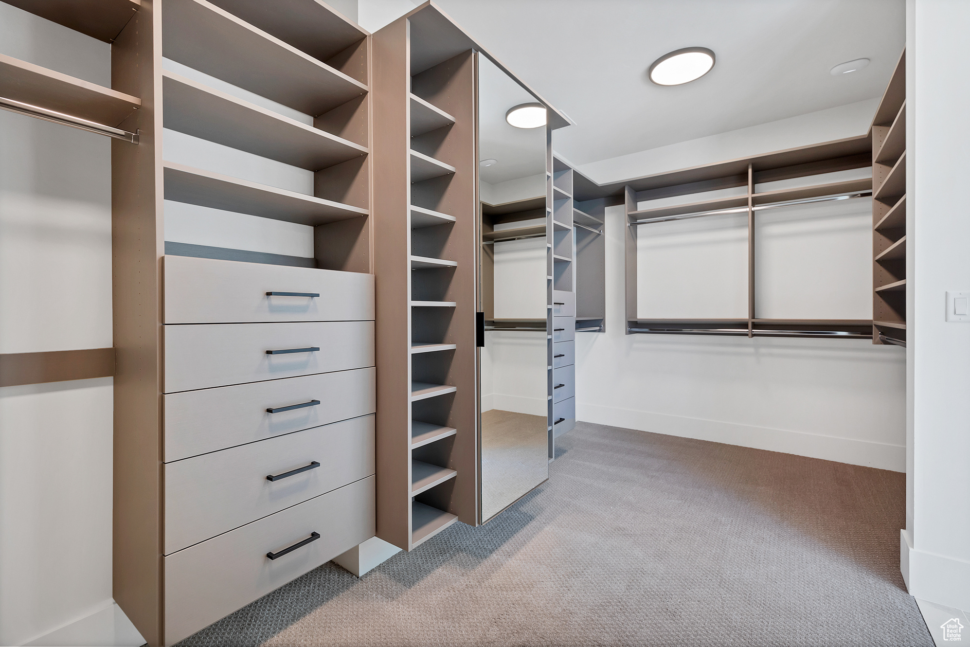 Walk in closet featuring light colored carpet