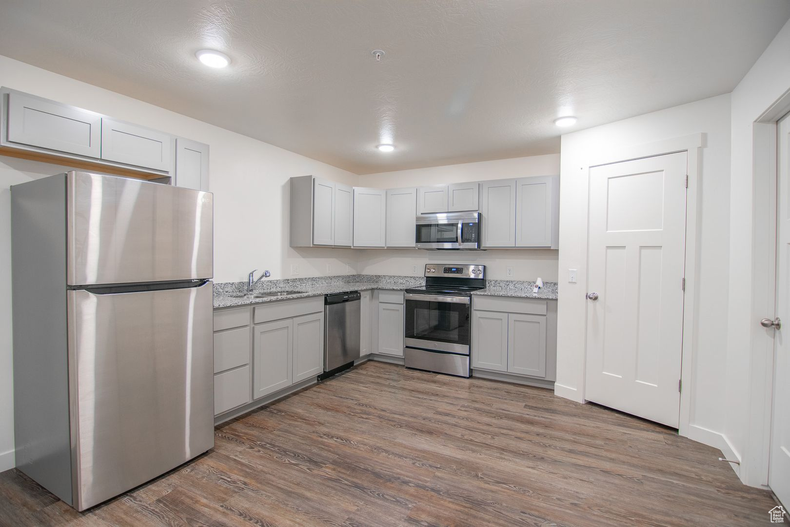 Kitchen with gray cabinetry, wood-type flooring, and stainless steel appliances