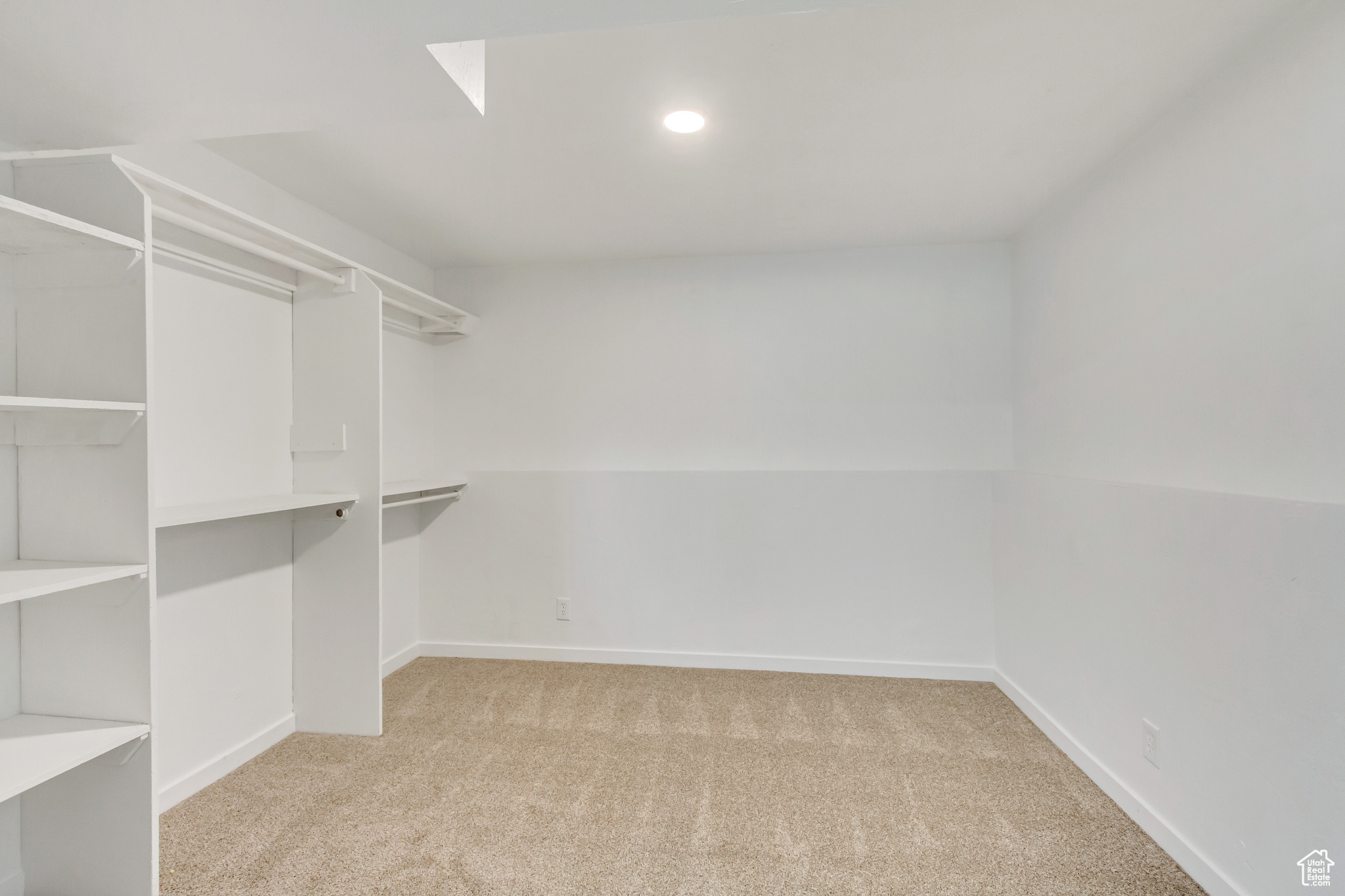 Spacious closet with light colored carpet