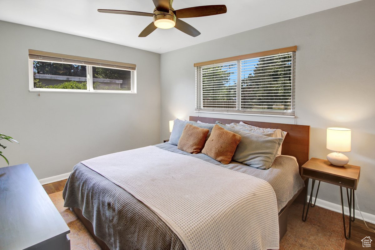 Bedroom with ceiling fan, multiple windows, and light hardwood / wood-style flooring