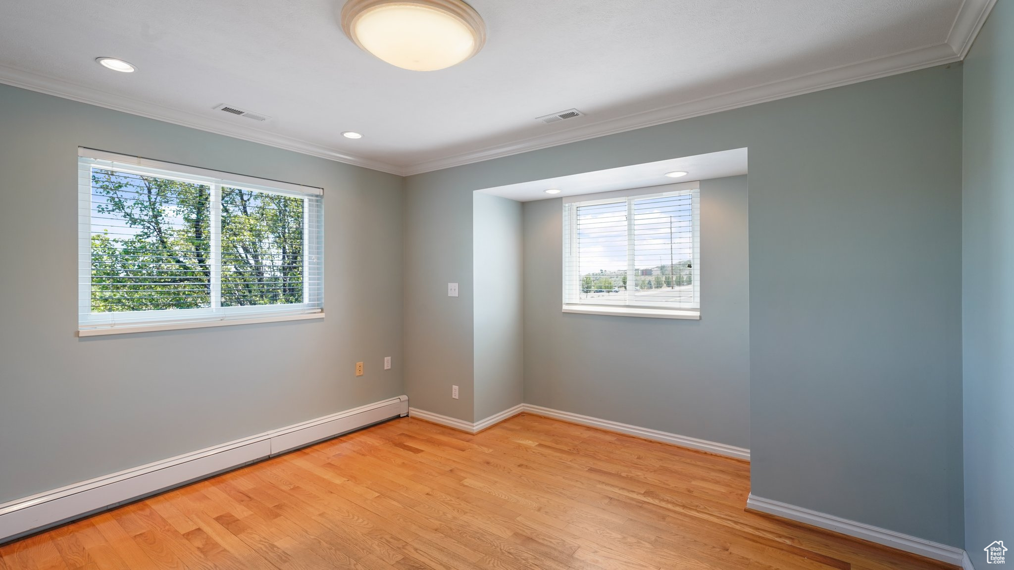 Empty room featuring a wealth of natural light, a baseboard heating unit, light wood-type flooring, and crown molding