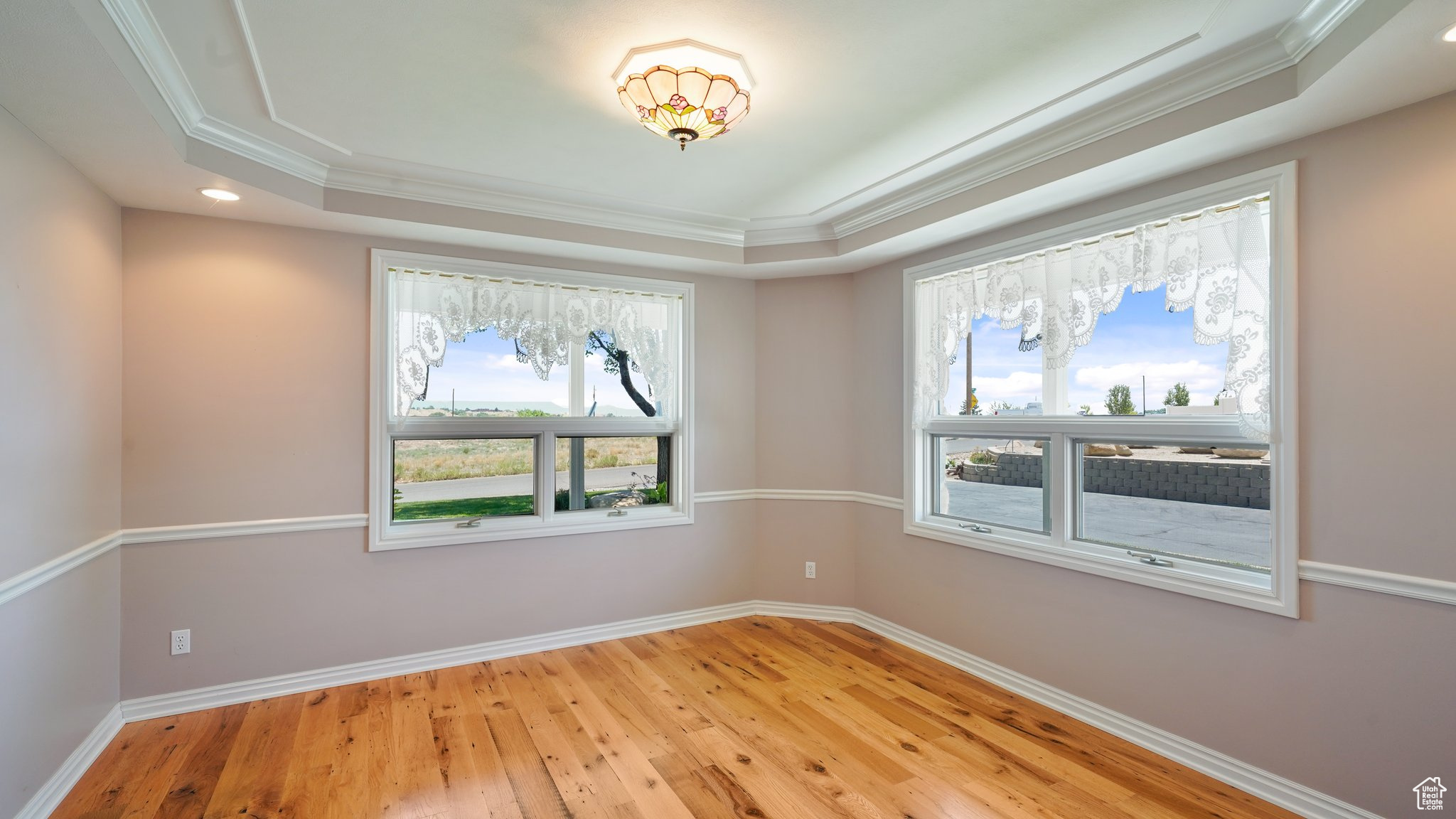 Unfurnished room with light hardwood / wood-style floors, ornamental molding, a wealth of natural light, and a raised ceiling