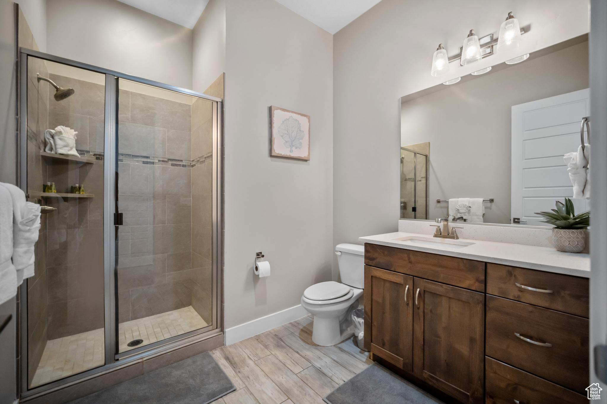 Bathroom with vanity, a shower with door, wood-type flooring, and toilet