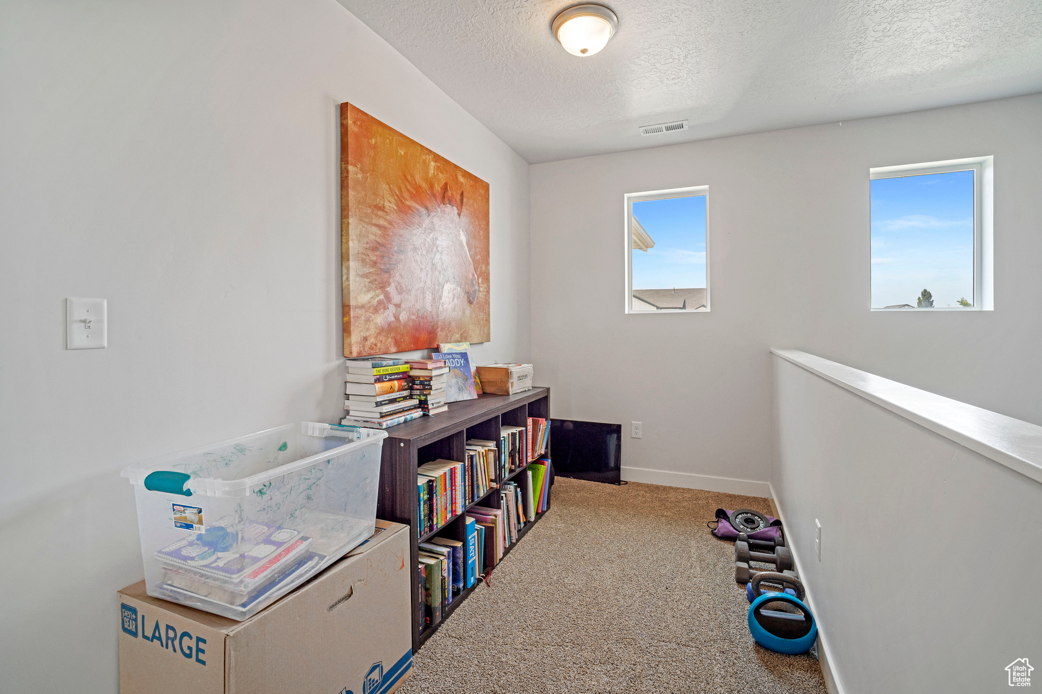 Recreation room featuring carpet floors and a textured ceiling