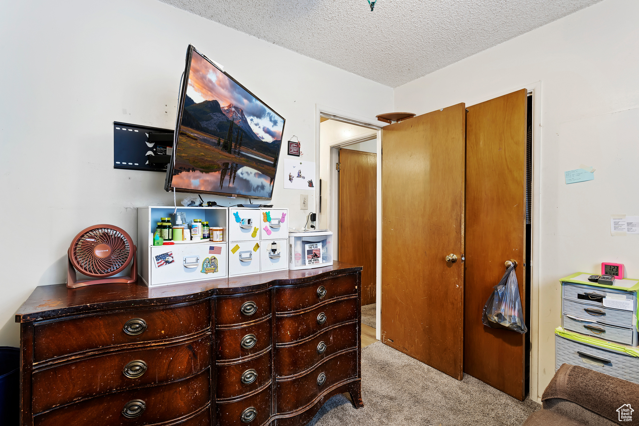 Carpeted bedroom with a textured ceiling