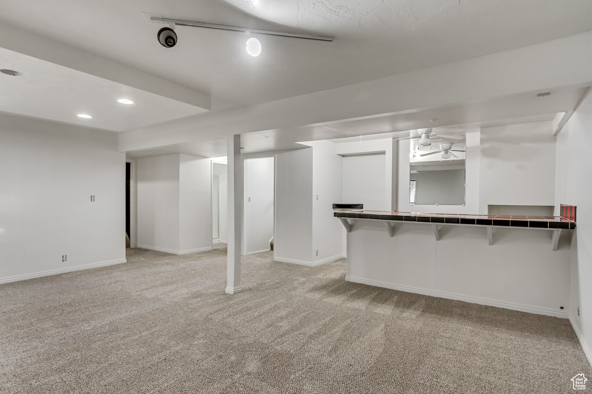 Basement with light carpet