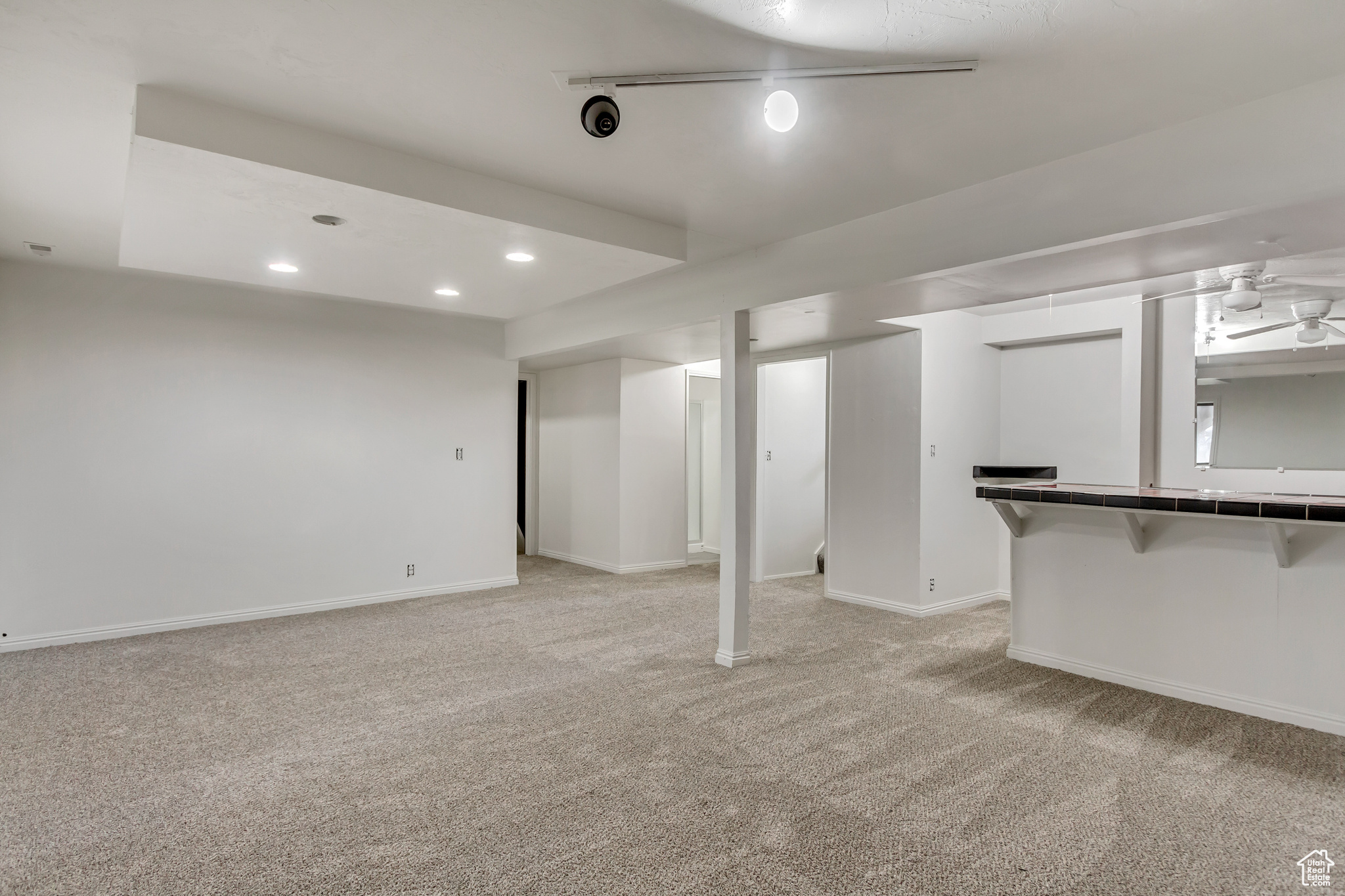 Basement featuring light carpet