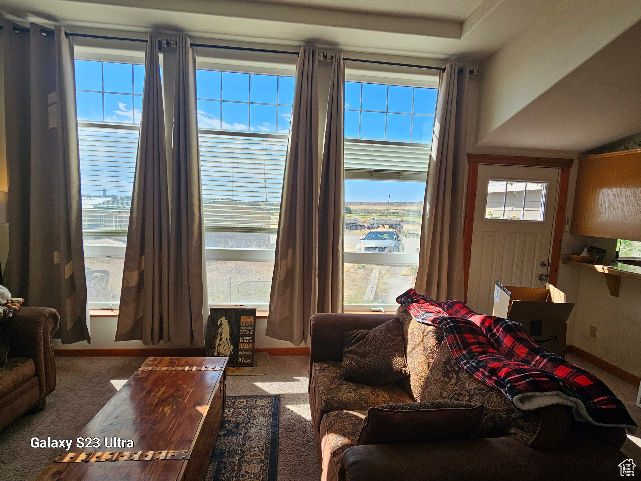 Carpeted living room with plenty of natural light