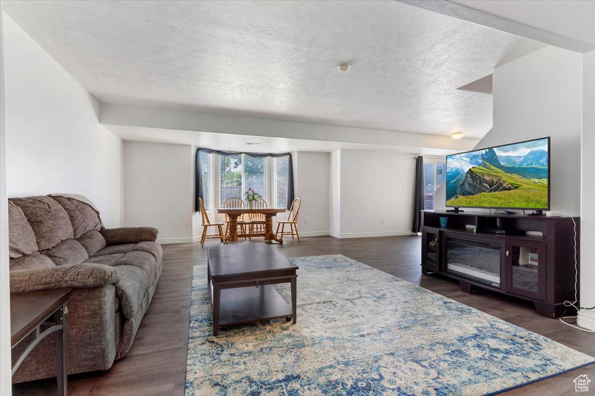 Living room featuring a textured ceiling and dark hardwood / wood-style flooring