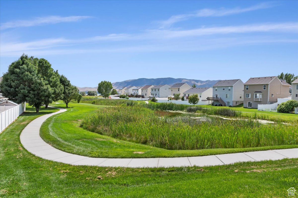 View of property's community featuring a mountain view and a lawn