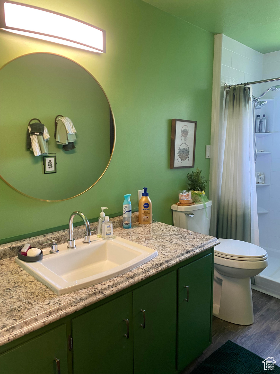 Bathroom featuring hardwood / wood-style floors, toilet, and vanity