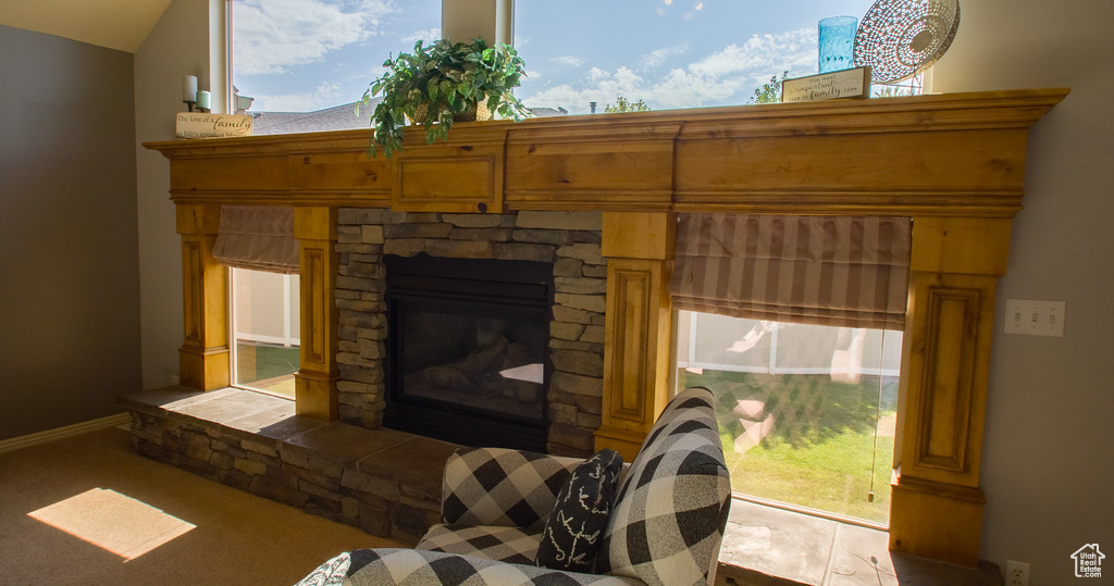 Living room featuring a stone fireplace and a healthy amount of sunlight