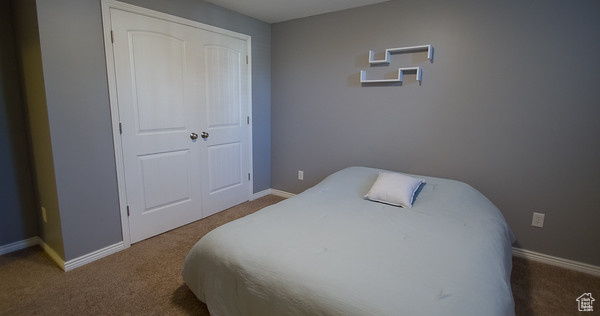 Carpeted bedroom featuring a closet