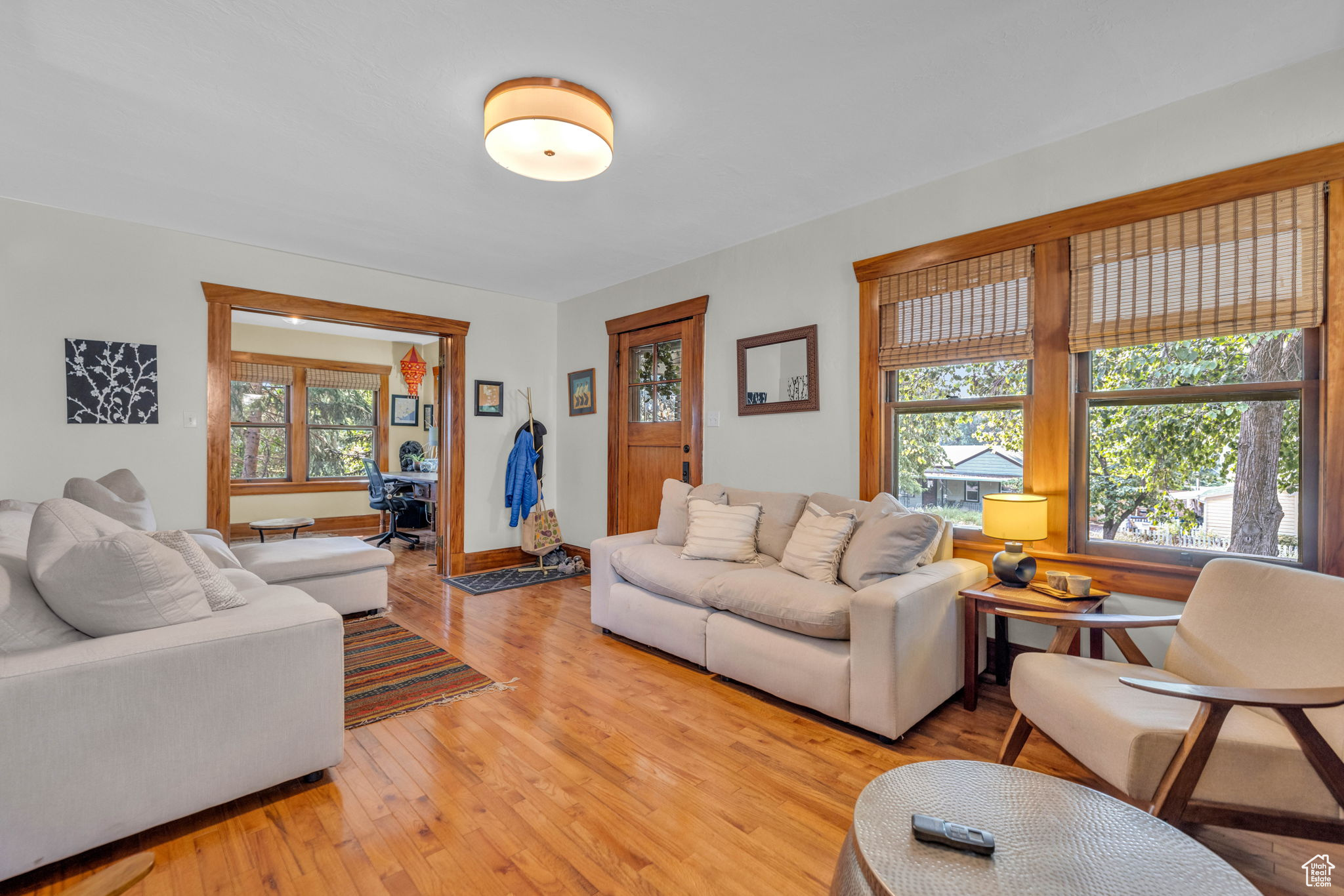 Living room with light hardwood / wood-style flooring and a healthy amount of sunlight