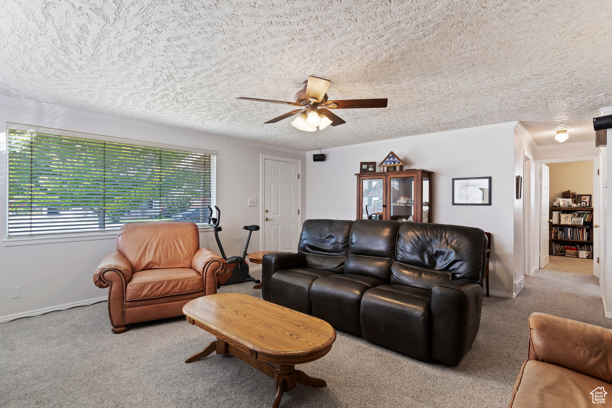 Living room featuring a textured ceiling, ornamental molding, ceiling fan, and carpet floors