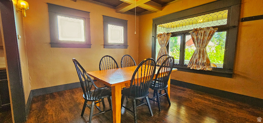 Dining room featuring beam ceiling and dark wood-type flooring