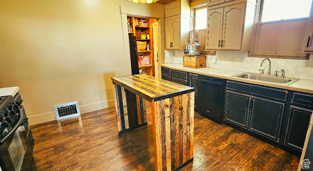 Kitchen with dark hardwood / wood-style flooring, sink, and black appliances