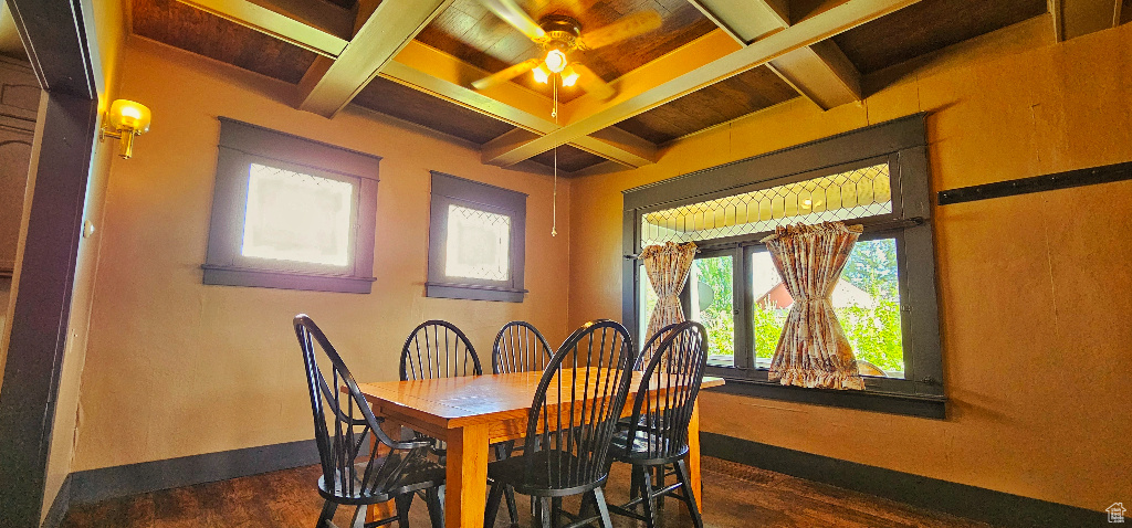 Dining space featuring beam ceiling, ceiling fan, wooden ceiling, and dark hardwood / wood-style floors