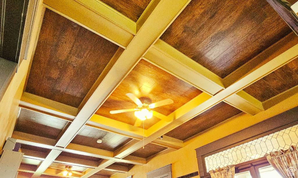 Room details featuring beam ceiling, ceiling fan, and coffered ceiling