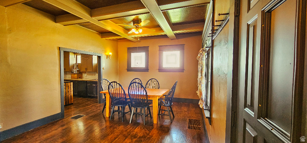 Dining area with beam ceiling, ceiling fan, dark hardwood / wood-style flooring, and coffered ceiling