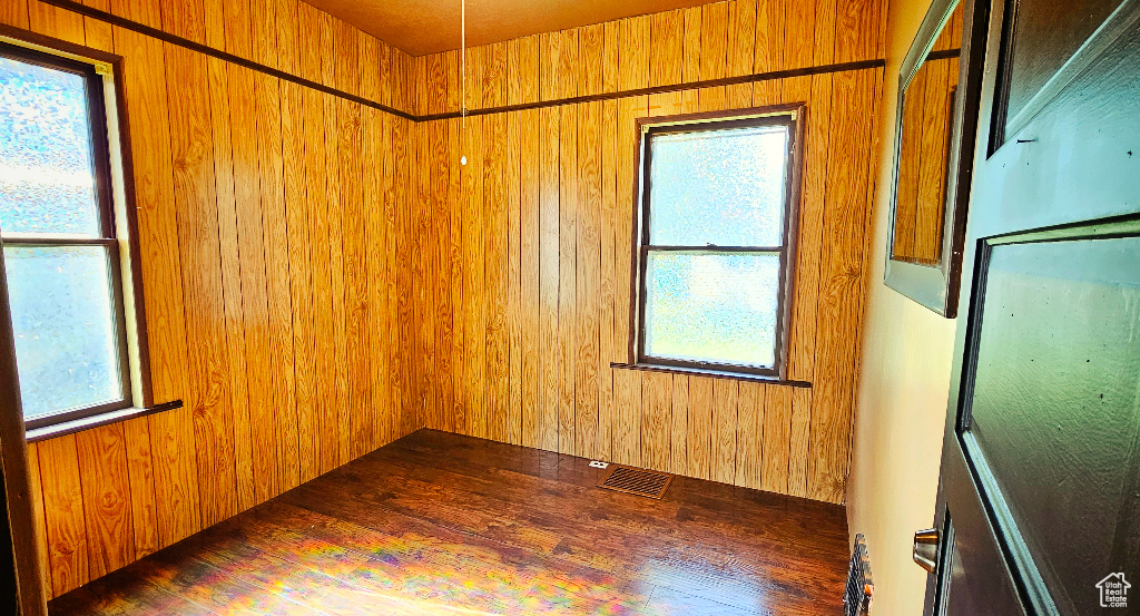 Unfurnished room featuring wooden walls and a healthy amount of sunlight