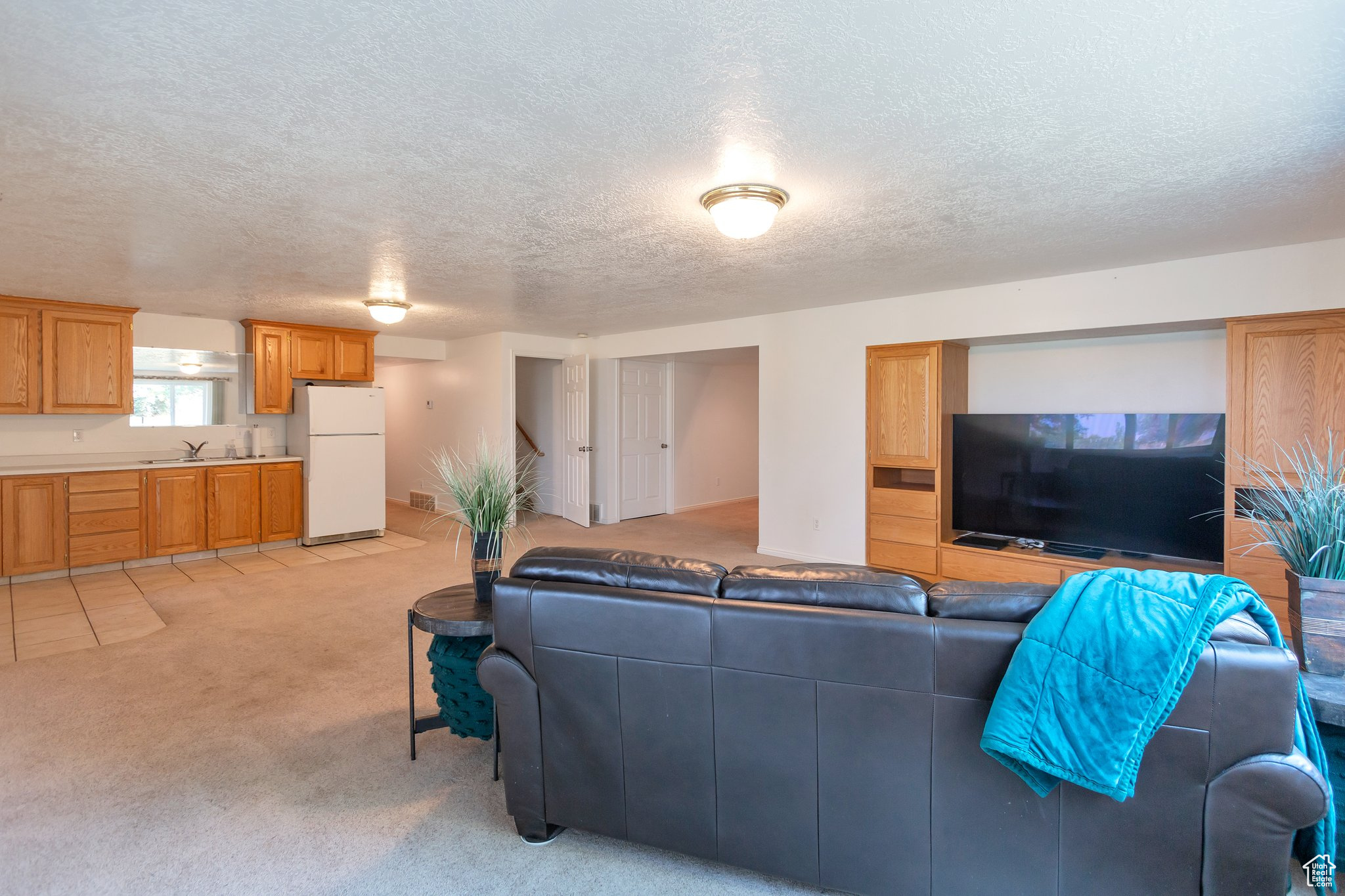 Carpeted living room featuring sink and a textured ceiling