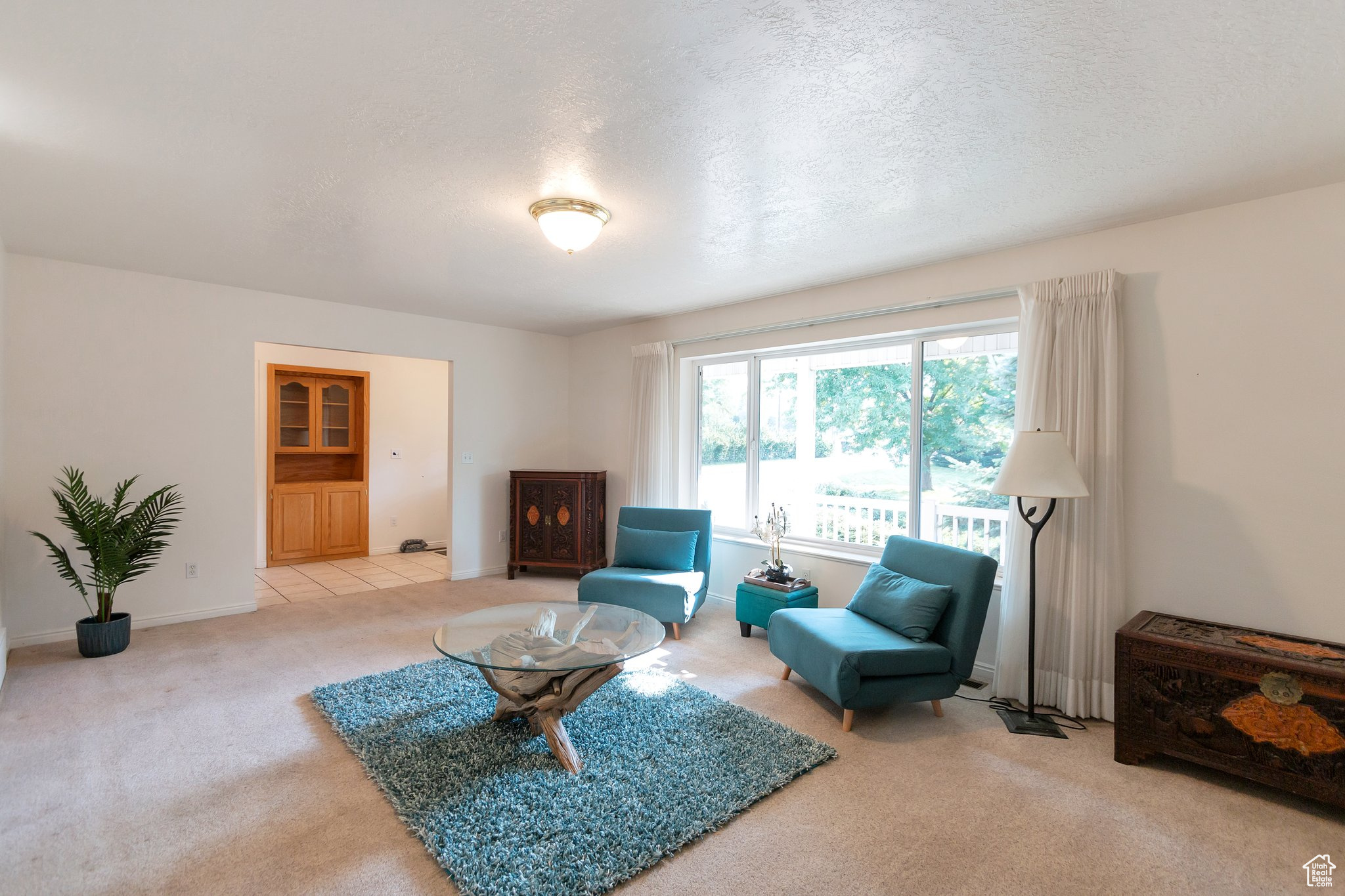 Living room featuring a textured ceiling and light carpet