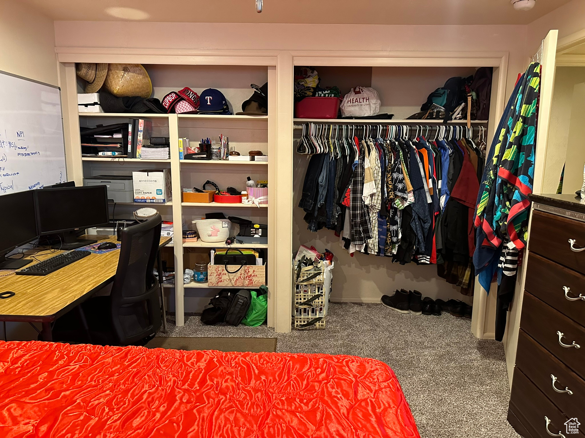 Primary bedroom built-in shelving (closet doors for right side are stored in basement)