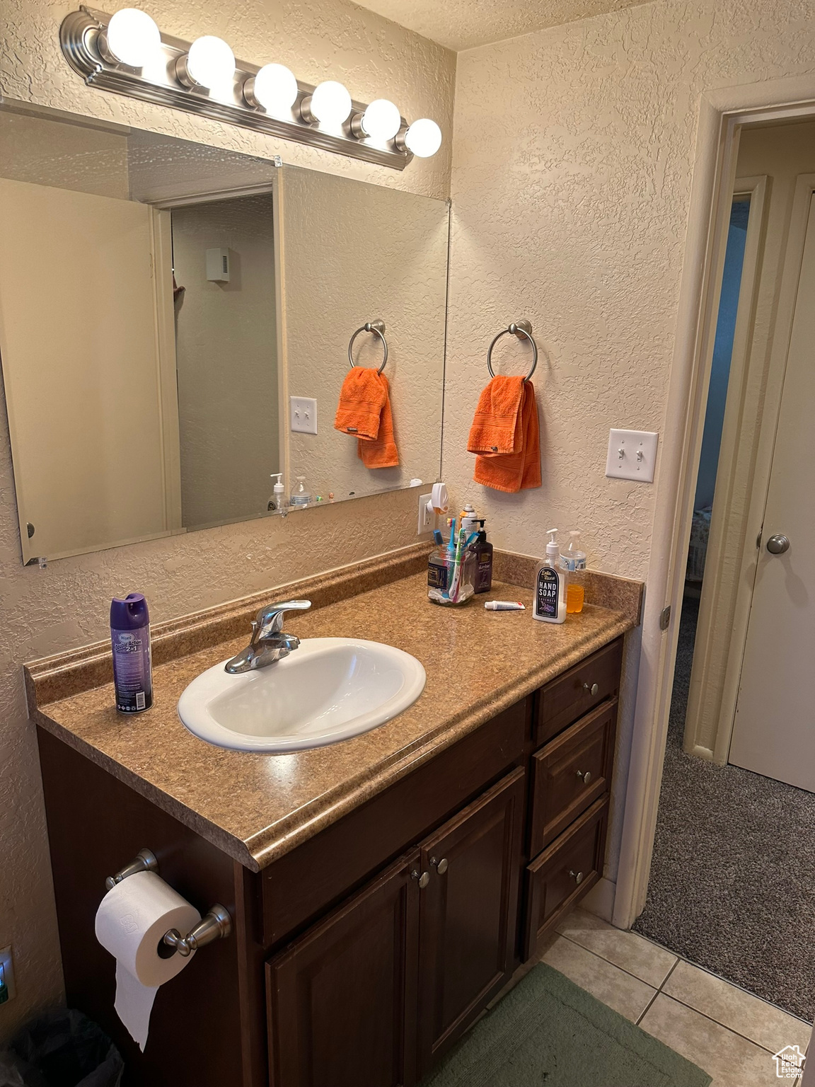 Main full bathroom featuring tile floors and vanity