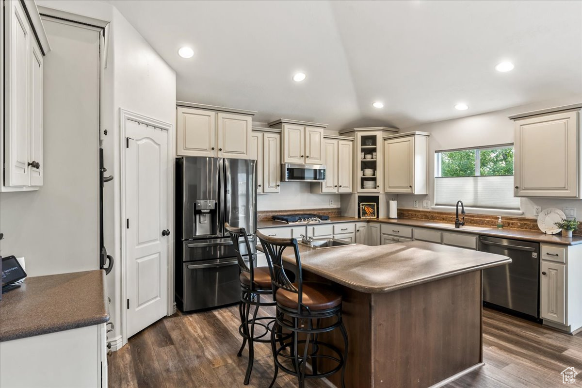 Kitchen with appliances with stainless steel finishes, dark hardwood / wood-style floors, a center island, and sink