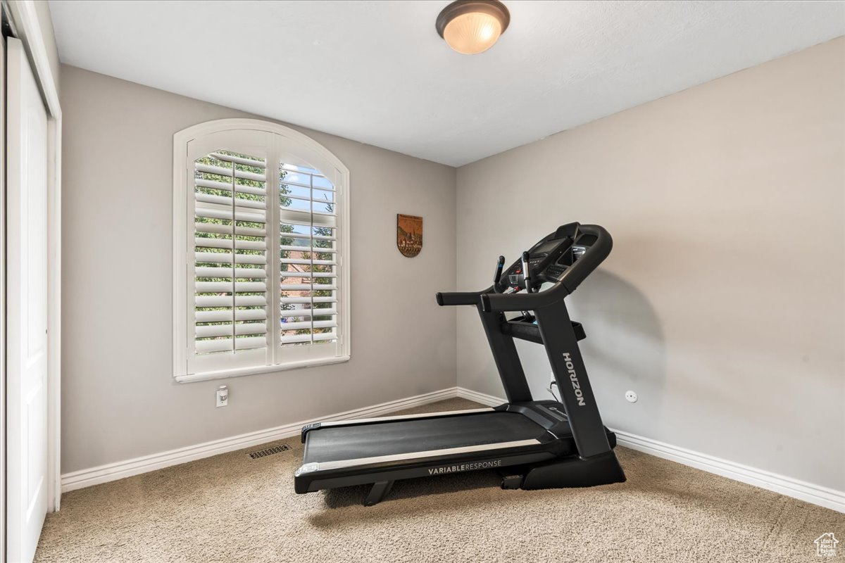 Workout area featuring carpet flooring