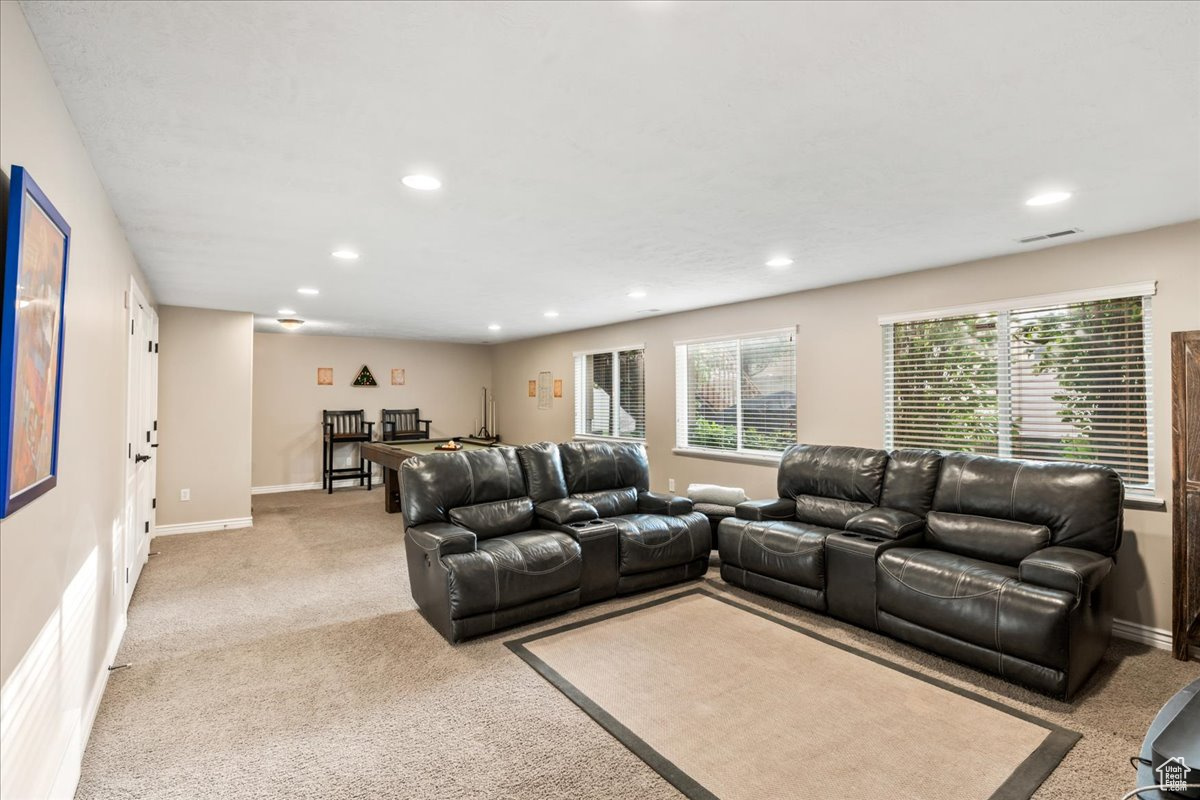 Living room with light colored carpet