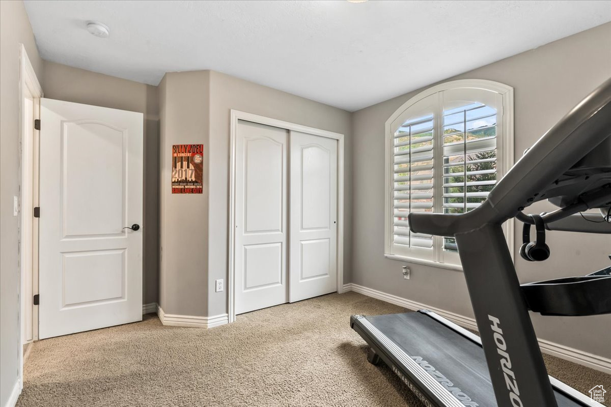 Workout area featuring light colored carpet