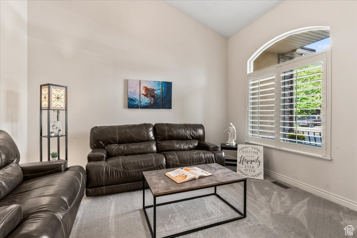 Carpeted living room with lofted ceiling