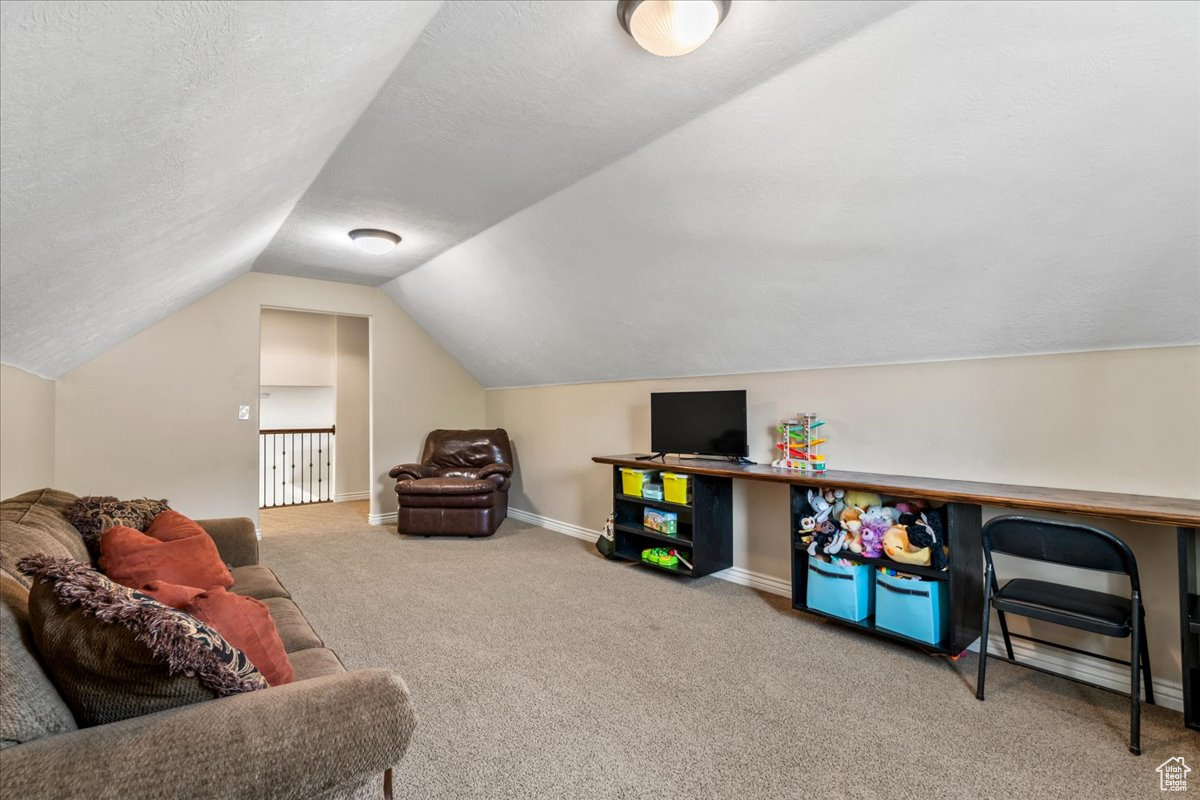 Playroom with a textured ceiling, light carpet, and vaulted ceiling