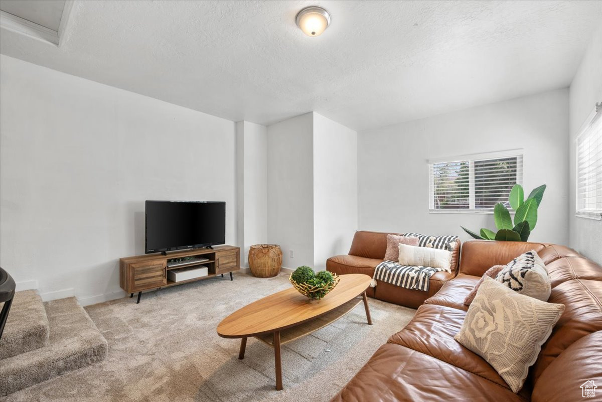 Living room with a textured ceiling and light colored carpet