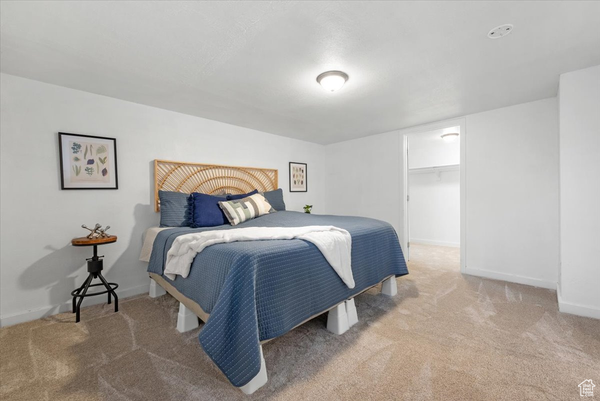 Bedroom featuring a walk in closet, carpet flooring, and a closet