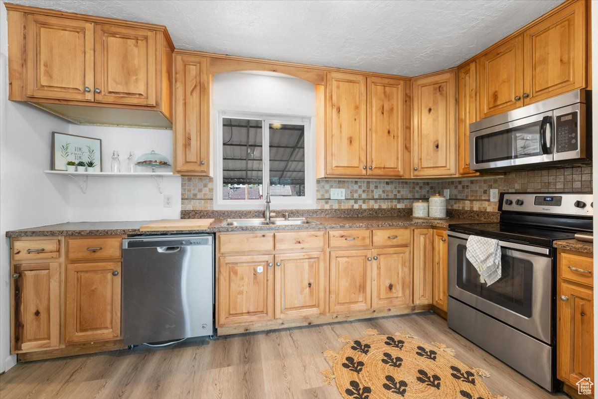 Kitchen featuring light wood-type flooring, stainless steel appliances, backsplash, and sink