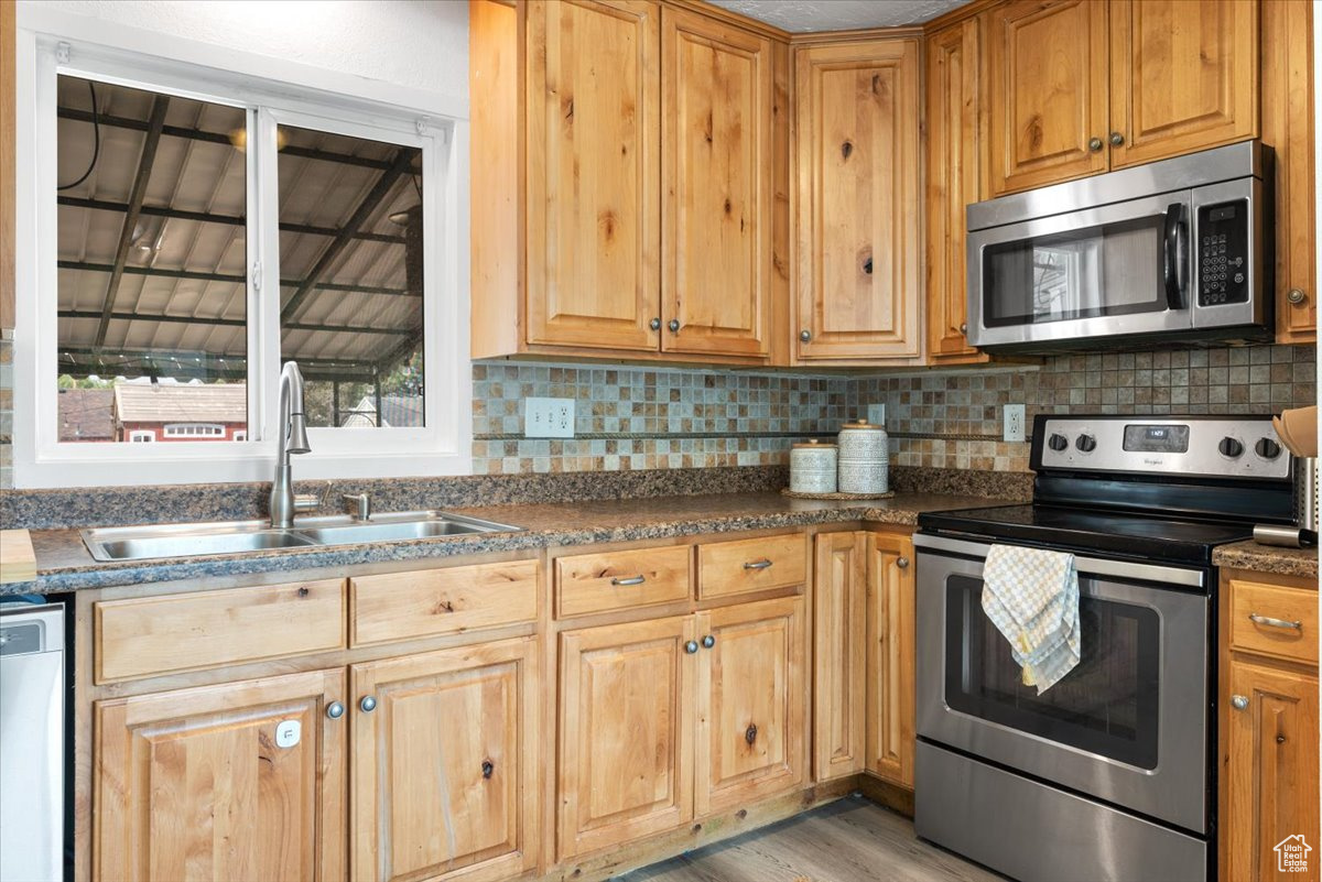 Kitchen featuring light wood-type flooring, appliances with stainless steel finishes, sink, and backsplash